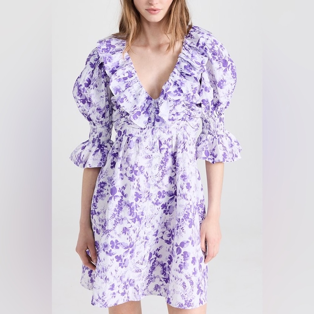 byTiMo floral linen cotton minidress V-neck ruffled trim size L - Picture 6 of 7